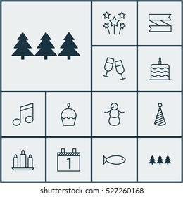 Set Of 12 Holiday Icons. Can Be Used For Web, Mobile, UI And Infographic Design. Includes Elements Such As Clink, Agenda, Firework And More.