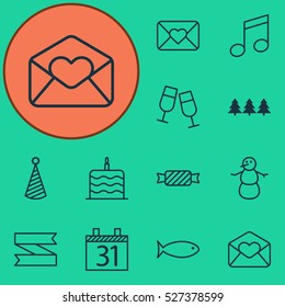 Set Of 12 Holiday Icons. Can Be Used For Web, Mobile, UI And Infographic Design. Includes Elements Such As Ribbon, Birthday, Aquatic And More.