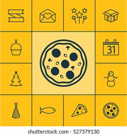 Set Of 12 Holiday Icons. Can Be Used For Web, Mobile, UI And Infographic Design. Includes Elements Such As Birthday, Date, Christmas And More.