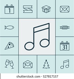 Set Of 12 Holiday Icons. Can Be Used For Web, Mobile, UI And Infographic Design. Includes Elements Such As Champagne Glasses, Date, Blank Ribbon And More.