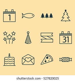 Set Of 12 Holiday Icons. Can Be Used For Web, Mobile, UI And Infographic Design. Includes Elements Such As Holiday Ornament, Fishing, Agenda And More.