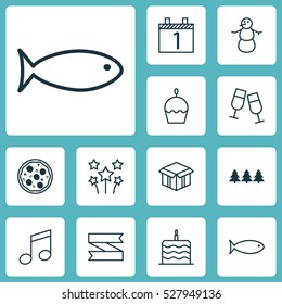 Set Of 12 Holiday Icons. Can Be Used For Web, Mobile, UI And Infographic Design. Includes Elements Such As Holiday Ornament, Blank Ribbon, Festive Fireworks And More.