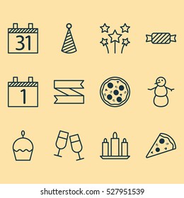 Set Of 12 Holiday Icons. Can Be Used For Web, Mobile, UI And Infographic Design. Includes Elements Such As Blank Ribbon, Winter, Sweet And More.