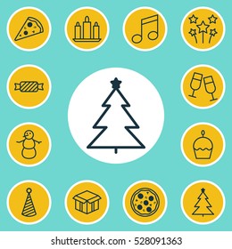 Set Of 12 Holiday Icons. Can Be Used For Web, Mobile, UI And Infographic Design. Includes Elements Such As Crotchets, Birthday Hat, Pizza Meal And More.