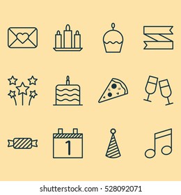 Set Of 12 Holiday Icons. Can Be Used For Web, Mobile, UI And Infographic Design. Includes Elements Such As Crotchets, Festive Fireworks, Birthday Cake And More.