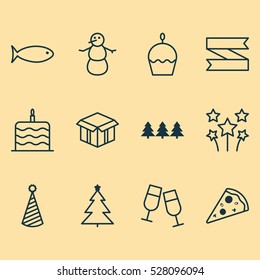 Set Of 12 Holiday Icons. Can Be Used For Web, Mobile, UI And Infographic Design. Includes Elements Such As Sliced Pizza, Blank Ribbon, Birthday Cake And More.