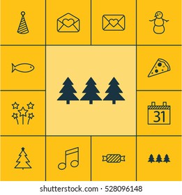 Set Of 12 Holiday Icons. Can Be Used For Web, Mobile, UI And Infographic Design. Includes Elements Such As Winter, Decorated Tree, Date And More.