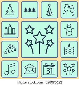 Set Of 12 Holiday Icons. Can Be Used For Web, Mobile, UI And Infographic Design. Includes Elements Such As Festive Fireworks, Birthday Hat, Wax And More.