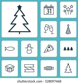 Set Of 12 Holiday Icons. Can Be Used For Web, Mobile, UI And Infographic Design. Includes Elements Such As Sweet, Sliced Pizza, Blank Ribbon And More.
