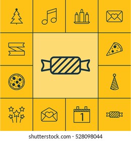 Set Of 12 Holiday Icons. Can Be Used For Web, Mobile, UI And Infographic Design. Includes Elements Such As Festive Fireworks, Pizza Meal, Agenda And More.