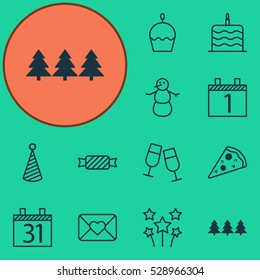 Set Of 12 Holiday Icons. Can Be Used For Web, Mobile, UI And Infographic Design. Includes Elements Such As Champagne Glasses, Holiday Ornament, Winter And More.