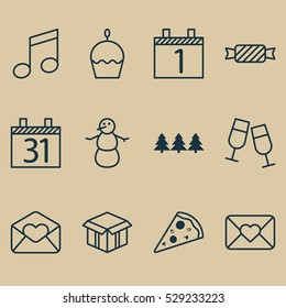 Set Of 12 Holiday Icons. Can Be Used For Web, Mobile, UI And Infographic Design. Includes Elements Such As Winter, Sliced Pizza, Champagne Glasses And More.