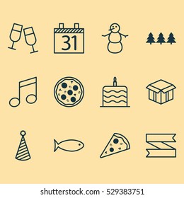 Set Of 12 Holiday Icons. Can Be Used For Web, Mobile, UI And Infographic Design. Includes Elements Such As Crotchets, Birthday Hat, Blank Ribbon And More.