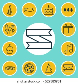 Set Of 12 Holiday Icons. Can Be Used For Web, Mobile, UI And Infographic Design. Includes Elements Such As Festive Fireworks, Holiday Ornament, Decorated Tree And More.