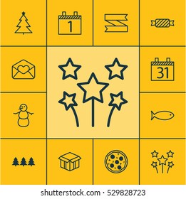 Set Of 12 Holiday Icons. Can Be Used For Web, Mobile, UI And Infographic Design. Includes Elements Such As Decorated Tree, Sweet, Holiday Ornament And More.