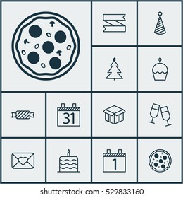 Set Of 12 Holiday Icons. Can Be Used For Web, Mobile, UI And Infographic Design. Includes Elements Such As Date, Sweet, Open Cardboard And More.
