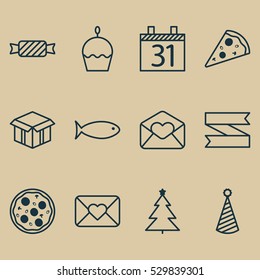 Set Of 12 Holiday Icons. Can Be Used For Web, Mobile, UI And Infographic Design. Includes Elements Such As Pizza Meal, Birthday Cake, Fishing And More.