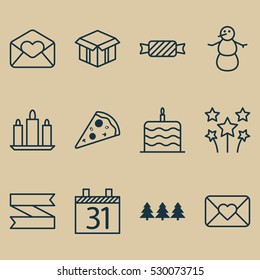 Set Of 12 Holiday Icons. Can Be Used For Web, Mobile, UI And Infographic Design. Includes Elements Such As Sliced Pizza, Wax, Celebration Letter And More.