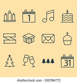 Set Of 12 Holiday Icons. Can Be Used For Web, Mobile, UI And Infographic Design. Includes Elements Such As Wax, Crotchets, Champagne Glasses And More.