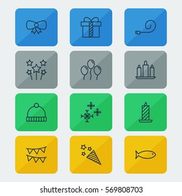 Set Of 12 Holiday Icons. Includes Fire Wax, Decorative Flags, Knitted Cap And Other Symbols. Beautiful Design Elements.