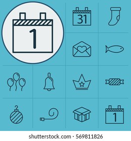 Set Of 12 Holiday Icons. Includes Date, Handbell, Celebrate Whistle Symbols. Beautiful Design Elements.