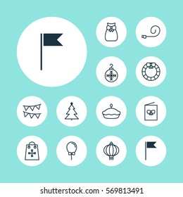 Set Of 12 Holiday Icons. Includes Traditional Lamp , Garland , Balloon Symbols. Beautiful Design Elements.