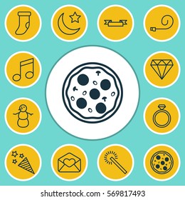 Set Of 12 Holiday Icons. Includes Celebrate Whistle, Crotchets, Wedding Jewel And Other Symbols. Beautiful Design Elements.
