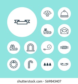 Set Of 12 Holiday Icons. Includes Toboggan, Greeting Email, Knitted Cap And Other Symbols. Beautiful Design Elements.