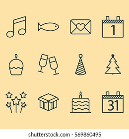 Set Of 12 Holiday Icons. Includes Decorated Tree, Date, Celebration Cake And Other Symbols. Beautiful Design Elements.