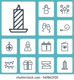 Set Of 12 Holiday Icons. Includes Decorative Flags, Celebrate Whistle, Winter And Other Symbols. Beautiful Design Elements.