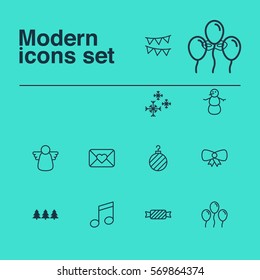 Set Of 12 Holiday Icons. Includes Butterfly Knot, Decorative Flags, Christmas Ball And Other Symbols. Beautiful Design Elements.