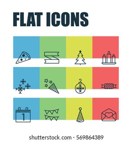 Set Of 12 Holiday Icons. Includes Firecracker, Blank Ribbon, Tree Toy And Other Symbols. Beautiful Design Elements.