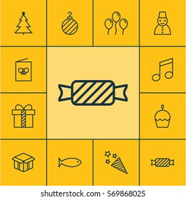 Set Of 12 Holiday Icons. Includes Fishing, Christmas Ball, Sweet And Other Symbols. Beautiful Design Elements.
