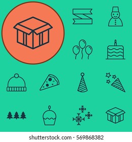 Set Of 12 Holiday Icons. Includes Snow Person, Celebration Cake, Blank Ribbon And Other Symbols. Beautiful Design Elements.