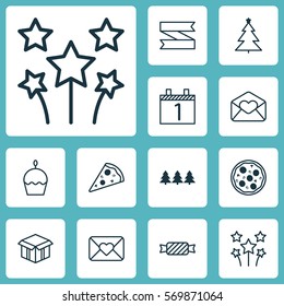 Set Of 12 Holiday Icons. Includes Celebration Letter, Open Cardboard, Blank Ribbon And Other Symbols. Beautiful Design Elements.