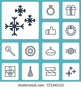 Set Of 12 Holiday Icons. Includes Garland , Doughnut, Flan Symbols. Beautiful Design Elements.