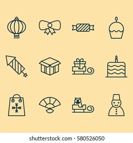 Set Of 12 Holiday Icons. Includes Sweet, Open Cardboard, Firework And Other Symbols. Beautiful Design Elements.