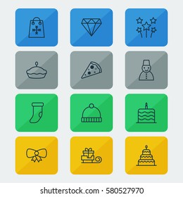 Set Of 12 Holiday Icons. Includes Snow Person, Fireplace Decoration, Knitted Cap And Other Symbols. Beautiful Design Elements.