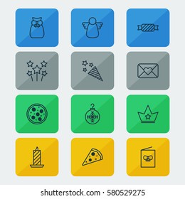 Set Of 12 Holiday Icons. Includes Sweet, Fire Wax, Festive Fireworks And Other Symbols. Beautiful Design Elements.