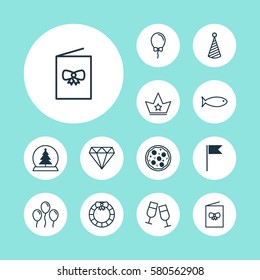 Set Of 12 Holiday Icons. Includes Brilliant, Pizza Meal, Celebration Card And Other Symbols. Beautiful Design Elements.