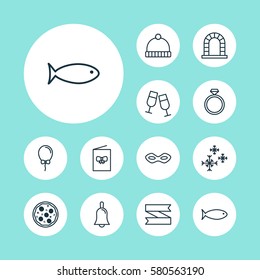 Set Of 12 Holiday Icons. Includes Arch, Knitted Cap, Balloon And Other Symbols. Beautiful Design Elements.