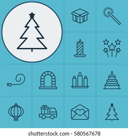 Set Of 12 Holiday Icons. Includes Traditional Lamp, Celebrate Whistle, Fire Wax And Other Symbols. Beautiful Design Elements.