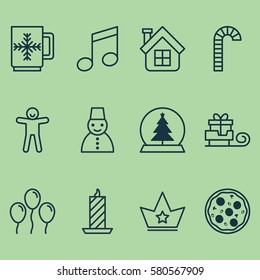 Set Of 12 Holiday Icons. Includes Crotchets, Pizza Meal, Fire Wax And Other Symbols. Beautiful Design Elements.