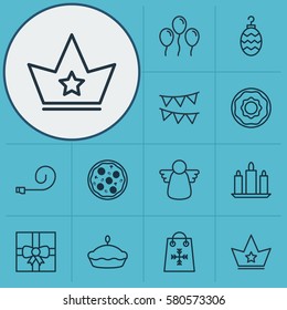 Set Of 12 Holiday Icons. Includes Decorative Flags, Doughnut, Air Ball And Other Symbols. Beautiful Design Elements.