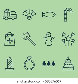 Set Of 12 Holiday Icons. Includes Lorry Birthday, Dessert, Winter And Other Symbols. Beautiful Design Elements.