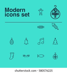 Set Of 12 Holiday Icons. Includes Christmas Toy, Pizza Meal, Fireplace Decoration And Other Symbols. Beautiful Design Elements.