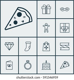Set Of 12 Holiday Icons. Includes Gift Surprise, Sliced Pizza, Brilliant And Other Symbols. Beautiful Design Elements.