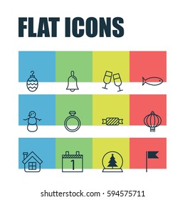 Set Of 12 Holiday Icons. Includes Handbell, Traditional Lamp , Christmas Toy Symbols. Beautiful Design Elements.
