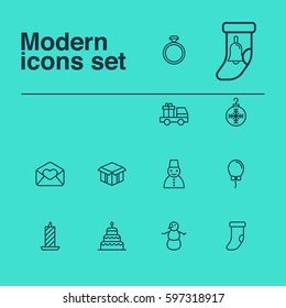 Set Of 12 Holiday Icons. Includes Open Cardboard, Balloon, Lorry Birthday And Other Symbols. Beautiful Design Elements.