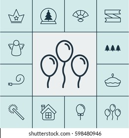 Set Of 12 Holiday Icons. Includes Residential, Sparkles, Celebrate Whistle And Other Symbols. Beautiful Design Elements.